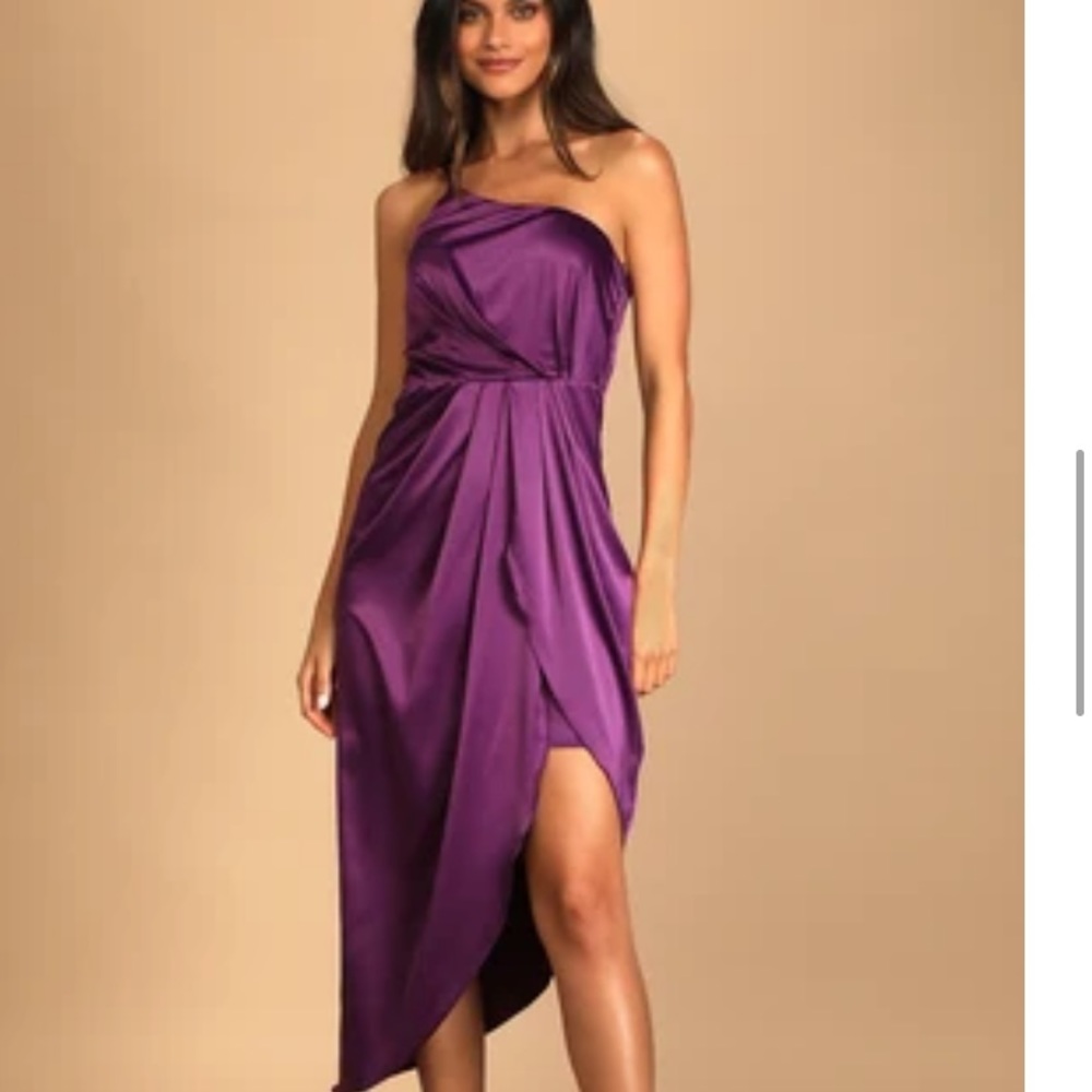 Purple one-shoulder asymmetrical midi dress